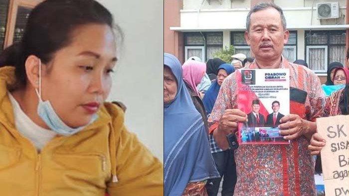 DITIPU ISTRI TNI - (kiri) Pariyono (65) korban penipuan istri TNI AD bernama Dwi Rahayu (kanan) saat melakukan aksi di Pengadilan Negeri Purworejo, Jawa Tengah. Dwi menipu 104 pensiunan dengan total kerugian mencapai Rp 26,9 miliar.