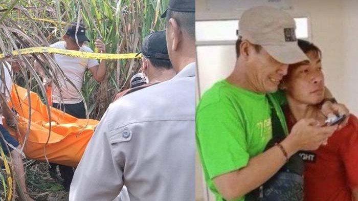 ISTRI HAMIL TEWAS - (kanan) Nofrizal, suami Mita Rosnita saat diwawancarai awak media, Minggu (18/5/2025) petang. (kiri) Petugas INAFIS Polres Ogan Ilir dibantu warga mengevakuasi jasad yang ditemukan di perkebunan tebu wilayah Desa Seri Bandung, Minggu (18/5/2025). Belum diketahui penyebab kematian wanita tersebut.