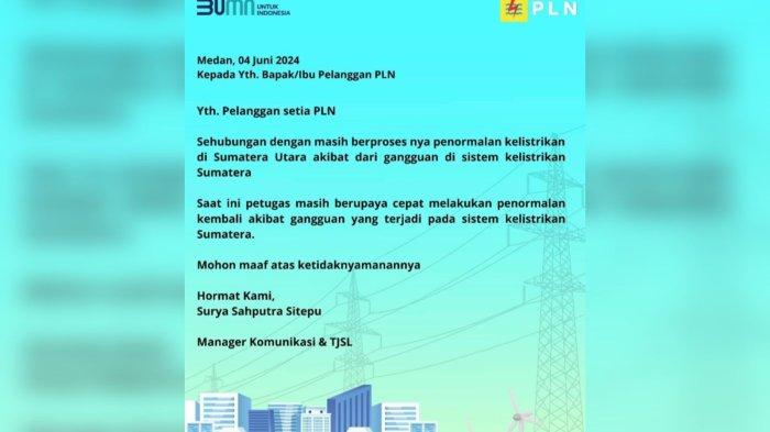 PLN melalui akun instagram resminya @plnsumut meminta maaf terkait pemadaman listrik tersebut.