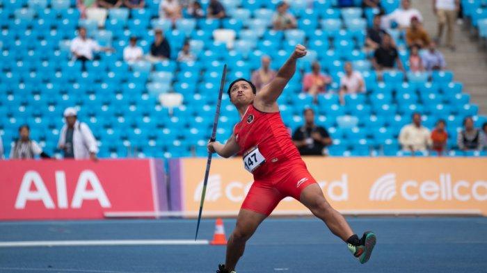 Pelempar lembing asal Sumut, Abdul Hafiz saat beraksi di ajang Sea Games Kamboja 2023, ia berhasil meraih medali emas usai mencatatkan lemparan sejauh 69,60 meter, di Morodok Techo National Stadium, Phnom Penh, Senin (8/5/2023).