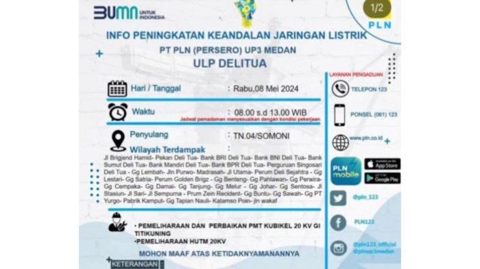 Pemadaman listrik akan berlangsung di Kawasan Delitua besok, Rabu (8/5/2024)