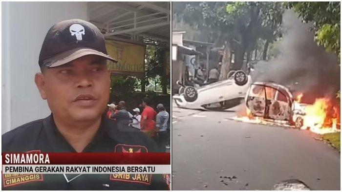 WARGA SERANG POLISI - (Kiri) Pembina Grib Jaya Cimanggis bernama Simamora saat menjelaskan sosok TS dan (Kanan) Tangkap layar video viral mobil polisi yang dibakar warga di Kampung Baru, Cimanggis, Depok, Jumat (18/4/2025).