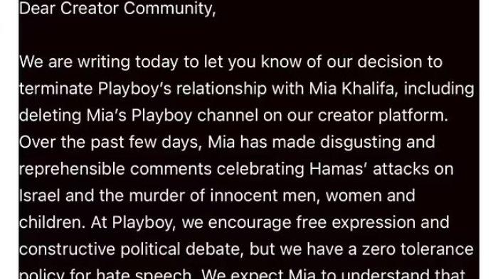Playboy membuat kebijakan untuk memutus hubungan dengan Mia Khalifah akibat postingan aktris film dewasa tersebut. 