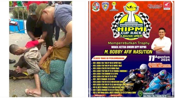 Kolase foto, poster HIPMI Race Cup 2024 dan insiden kecelekaan pada Minggu (11/8/2024).