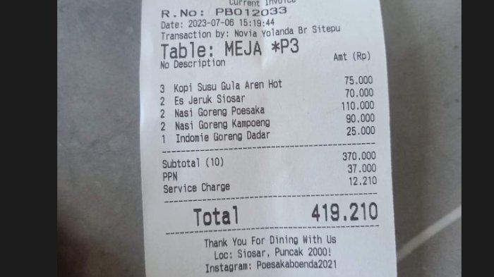 Postingan struk pengujung setelah makan di salah satu cafe di kawasan Siosar, Kabupaten Karo.