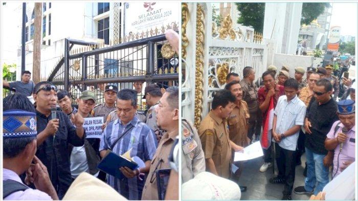 Puluhan warga Kecamatan Air Joman, Kabupaten Asahan datangi kantor DPRD Sumut mempertanyakan soal proyek pembangunan Jalan Syech Silau yang tak kunjung selesai, Senin (10/6/2024).