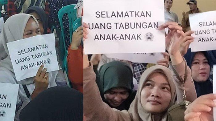 Ratusan ibu-ibu orangtua siswa SD di Tasikmalaya berunjukrasa menagih uang tabungan siswa Rp 800 juta ke esk Kepala Sekolahnya di Kantor Desa Pakemitan, Ciawi, Kabupaten Tasikmalaya, Jawa Barat, Sabtu (22/7/2023).