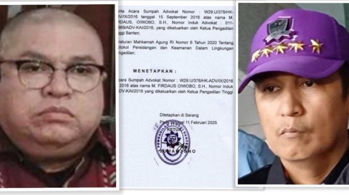 RAZMAN DAN FIRDAUS: Pengadilan Tinggi Ambon resmi membekukan sumpah advokat Razman Arif Nasution. Begitu juga halnya dengan sumpah advokat Firdaus Oiwobo telah dibekukan Pengadilan Tinggi Banten, 11 Februari 2025. (via Tribun Medan)
