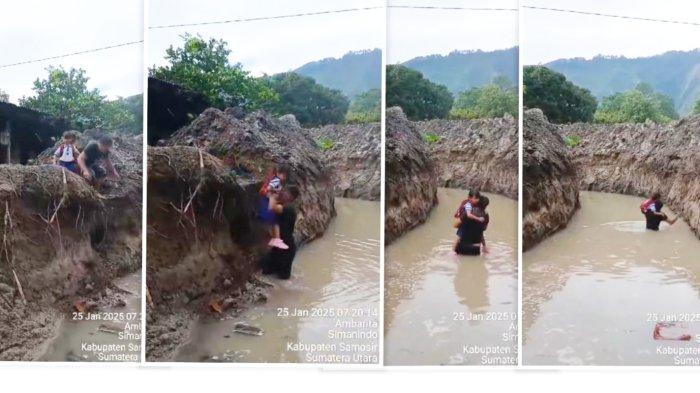 RUMAH TERISOLASI: Tangis pilu satu keluarga di tepi Danau Toba, di sekeliling rumahnya dikeruk orang lain yang diduga lebih memiliki kemampuan materi. Peristiwa di luar kemanusiaan ini terjadi ini Desa Unjur, Kecamatan Simanindo, Kabupaten Samosir, Sumatera Utara, Senin (21/1/2025). Rumah itu ditempati keluarga Darma Ambarita dan istrinya Rentina Sihotang. Tampak anak mereka harus dibantu sang ayah, Ambarita untuk melintasi genangan air yang telah dikeruk orang lain. (HO/SINTA SIHOTANG)