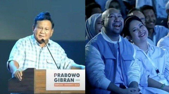 Titiek Soeharto salting alias salah tingkah dan tampak malu-malu saat disapa Prabowo Subianto saat pidato kemenangan yang digelar di Istora Senayan Jakarta, Rabu (14/2/2024).