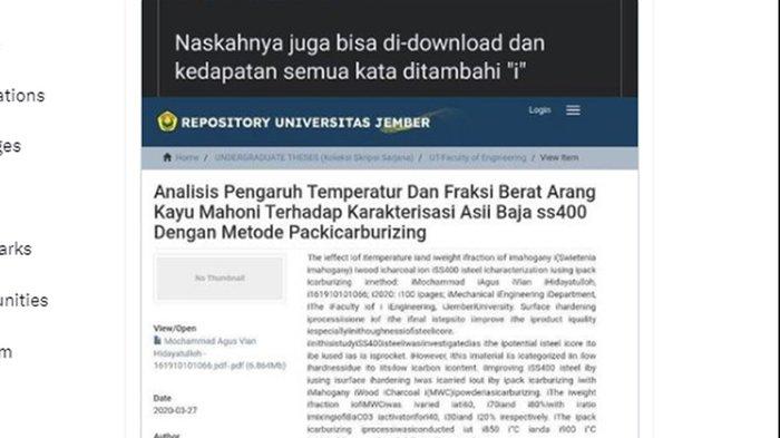 Tangkapan layar unggahan X soal dugaan plagiat skripsi oleh alumnus Fakultas Teknik Universitas Jember, semua kata ditambah huruf i.