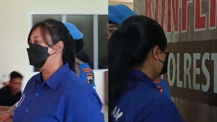 TIPU CALON SUAMI - Perempuan berinisial VY(40) warga Penumping berdomisili Gentan, Kabupaten Sukoharjo, saat dihadirkan di Mapolresta Solo, Jumat (9/5/2025). Ia melakukan penipuan bermodus janji pernikahan kepada calon suaminya.