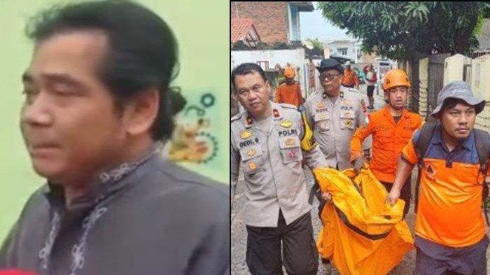 ASIK JUALAN: Aang (kiri) santai berjualan meski istri dan anaknya tewas  (kanan) akibat banjir di Plabuhanratu, Sukabumi, Jawa Barat. Ia yakin keluarganya sudah pergi mengungsi.
