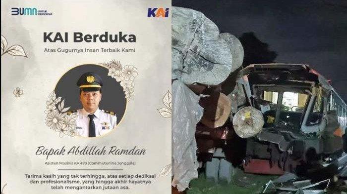ASISTEN MASINIS GUGUR: Uanggahan PT KAI. KAI berduka atas meninggalnya asisten masinis Abdillah Ramdan, dalam insiden KA 470 CommuterLine Jenggala ditemper truk bermuatan kayu gelondongan di wilayah Tenggulungan, Kecamatan Kebomas, Gresik, Jawa Timur, Selasa (8/4/2025) petang.