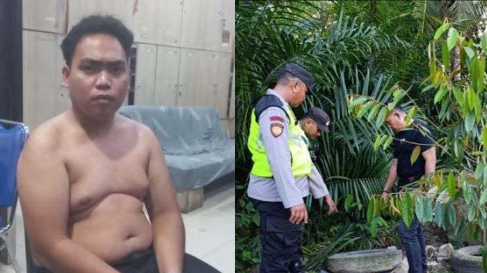 ANAK TEMBAK IBU - Sosok Gusmadi Wiranata (kiri) dan petugas Polres OKU Timur melakukan olah tempat kejadian perkara (TKP). Gusmadi menembak ibu kandungnya di kediaman korban di Desa Bangun Rejo, Kecamatan Belitang II, OKU Timur, Kamis (24/04/2025).