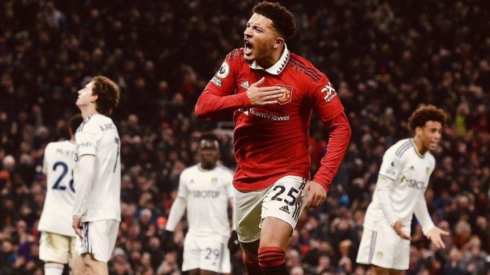 Jadon Sancho cetak gol dan menyelamatkan Manchester United dari kekalahan atas Leeds United dengan skor akhir 2-2 di Liga Inggris 2022-2023, Kamis (9/2/2023)