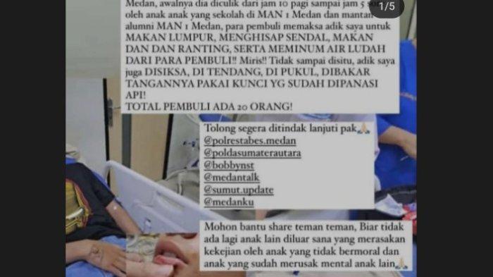 Satu Siswa di Madrasah Aliyah Negeri (MAN)1 Kota Medan menjadi korban pembullyan dan penyiksaan oleh teman-temannya dan viral di sosial media.