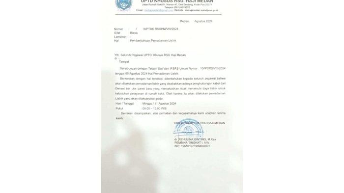 Sebelumnya pihak rumah sakit sudah melayangkan surat pemadaman listrik yang akan berlangsung hari ini, Minggu (11/8/2024).