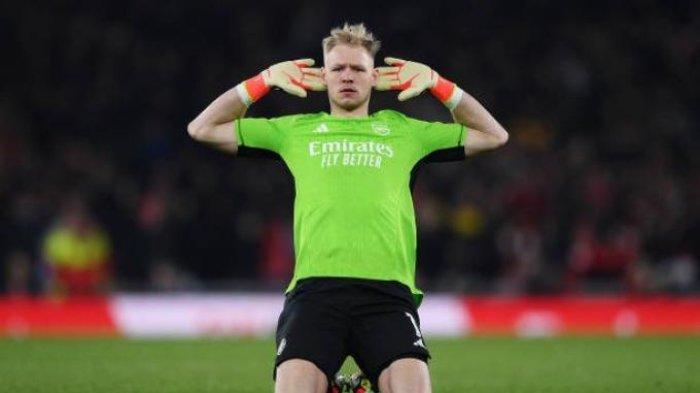 Selebrasi Aaron Ramsdale setelah Havertz cetak gol kemenangan ke gawang Brentford, Sabtu (9/3/2024)