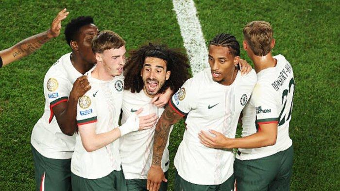 SELEBRASI - Pemain Chelsea selebrasi usai cetak gol dan menang atas Fluminense di semifinal Piala Dunia Klub 2025.