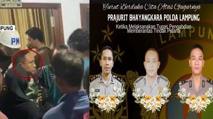 DITANGKAP: Tangkapan layar YouTube KompasTv Selasa (18/3/2025) (kiri) dan kolase 3 polisi gugur (kanan). Personel gabungan Detasemen Polisi Militer, Kodim Way Kanan, dan jajaran Polres Way Kanan menangkap satu terduga penembakan hingga meninggal anggota Polda Lampung.