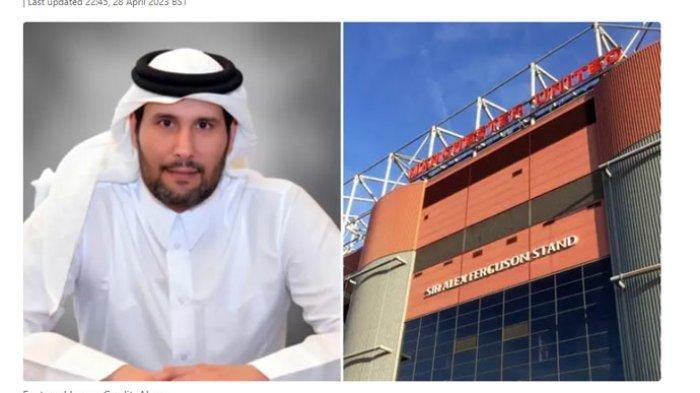 Miliarder dunia asal Qatar, Sheikh Jassim dan Stadion Old Trafford markas Manchester United. Laporan terbaru menyebut, putaran ketiga penawaran proses penjualan Man United menembus nominal sebesar 5 miliar poundsterling atau senilai lebih dari Rp 92 triliun oleh tawaran dari Sheikh Jassim.   (tangkap layar sportbibble)