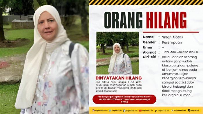 NOTARIS TEWAS- Sidah Alatas, wanita yang diketahui merupakan seorang notaris ditemukan tewas mengenaskan setelah sempat dinyatakan hilang pada 1 Juli 2025 kemarin. Jenazahnya mengapung di air.
