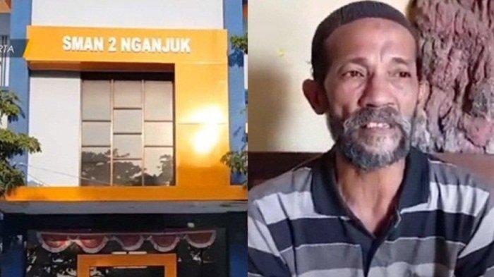 (kiri) SMAN 2 Nganjuk dan (kanan) orangtua siswi - Siswi SMA di Nganjuk, Jawa Timur, diduga dikeluarkan dari sekolah setelah dituduh mencuri ponsel milik temannya. Terekam CCTV