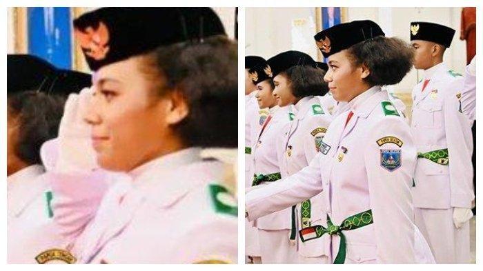 Sosok pembawa baki bendera merah putih saat upacara HUT RI di Istana Merdeka.