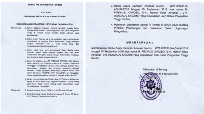 PEMBEKUAN SUMPAH ADVOKAT: Pengadilan Tinggi Ambon resmi membekukan sumpah advokat Razman Arif Nasution, 11 Februari 2025. Begitu juga halnya dengan sumpah advokat Firdaus Oiwobo telah dibekukan Pengadilan Tinggi Banten, 11 Februari 2025 ( Istimewa)