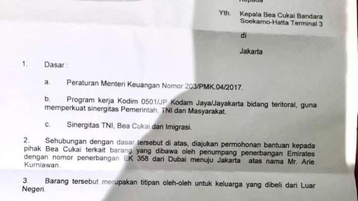 Surat Letkol Harry Ismail ke Bea Cukai. (Istimewa)