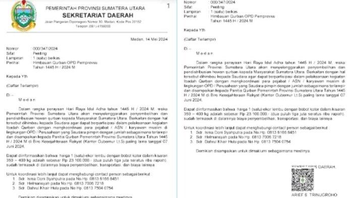 Surat nomor 000/347/2024 tertanggal 14 Mei 2024 tentang Imbauan Sekretaris Daerah Sumut kepada OPD Pemprovsu untuk berkurban Tahun 2024 yang ditandatangani Sekda Arief S Trinugroho.