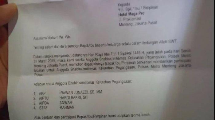 POLISI MINTA THR: Nasib sial Aipda Anwar, anggota Bhabinkamtibmas Polsek Metro Menteng, ketahun menerima tunjangan hari raya (THR) ke sebuah hotel di kawasan Menteng, Jakarta Pusat, Senin (24/3/2025). (Kolase Istimewa)