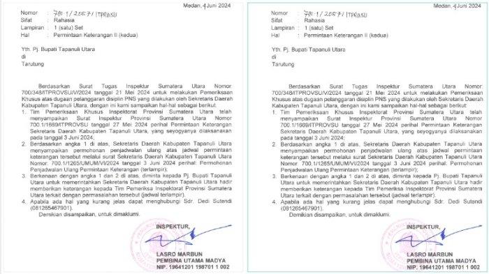 Surat resmi pemanggilan Inspektorat Sumut terkait video mesum diduga pejabat teras Tapanuli Utara.