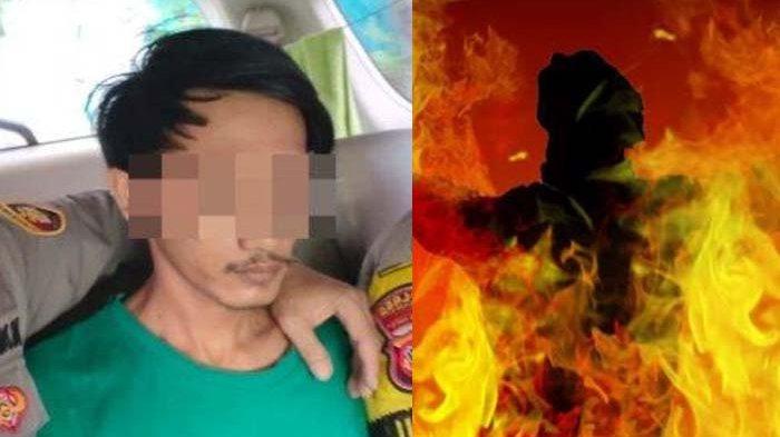 BAKAR ISTRI: Suami (kiri) di Gantar, Kabupaten Indramayu yang bakar istrinya hidup-hidup, Senin 10 Maret 2025 dan iustrasi orang dibakar (kanan). Pelaku kesal korban mengaku sudah punya pria lain