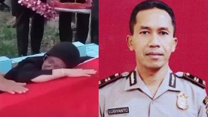 PELUK PETI AYAH: Putri Kapolsek Negara Batin, Iptu Lusiyanto yang tewas ditembak Kopral TNI nangis peluk peti sang ayah, Selasa (18/3/2025).