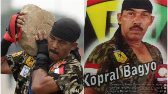 TNI TERKUAT WAFAT - Kolase foto saat Kopral (Purn) Partika Subagyo Lelono melakukan aksinya. Berikut sosoknya yang menapat julukan prajurit TNI Terkuat yang meninggal dunia hari ini, Kamis (17/7/2025).