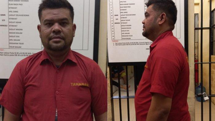 Tampang Kadis Pendidikan Kabupaten Mandailing Natal Dollar Hafriyanto Siregar usai ditetapkan sebagai tersangka dan ditahan di Polda Sumut.