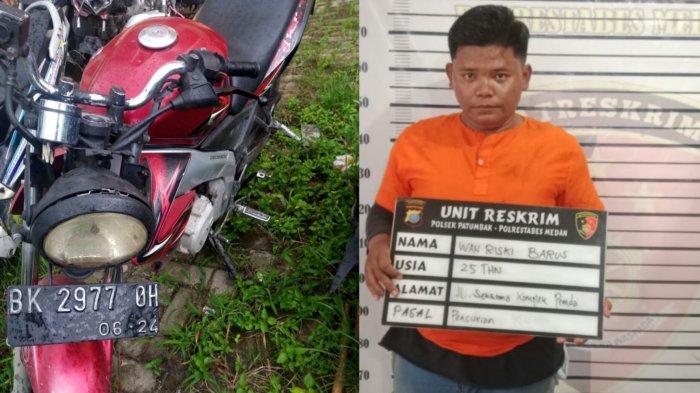 Tampang Wan Riski (21) pencuri sepeda motor warga yang sedang menunggu kawannya dibawah jembatan layang Amplas. Polisi masih memburu satu tersangka lainnya, Kamis (28/12/2023).