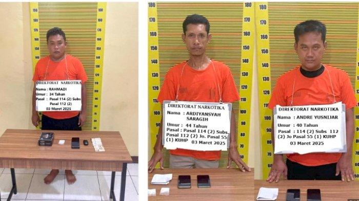 TERDUGA PENGEDAR NARKOBA: Tampang tiga orang terduga pengedar narkoba yakni Rahmadi (34) Ardiansyah Saragih (44) dan Andre Yusnizar (40) usai ditangkap polisi dari satuan Ditres Narkoba Polda Sumut, Senin (3/3/2025) lalu. Mereka sudah ditetapkan sebagai tersangka dan ditahan. (DOK POLDA SUMUT)