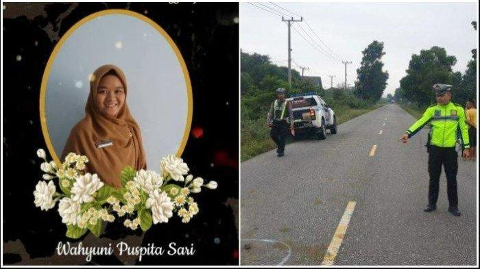 TEWAS SETELAH TABRAK KERBAU: (Kiri) Foto korban Wahyuni Puspita Sari dan (Kiri) Polisi saat melakukan olah TKP, wanita di Muratara tewas kecelakaan motor yang dikendarainya menabrak kerbau yang melintas.