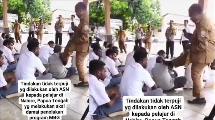 ASN TENDANG SISWA - Tangkapan layar video oknum ASN menendang siswa SMP di Nabire gara-gara ikut demo tolak program makan bergizi gratis pada Senin (17/2/2025).