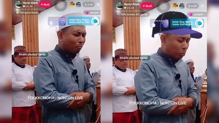 TARAWIH LIVE TIKTOK - Tangkapan layar video aksi ustaz jadi imam salat tarawih sambil live TikTok itu viral dibagikan akun Instagram @folkkonoha,(1/3/2025). Tampak khusyuk meski diberi gift, menuai kontroversi.