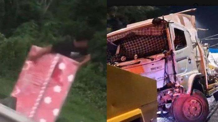 JARAH TRUK KECELAKAAN: Warga saat mengambili kasur (kiri) dan kondisi kendaraan yang terlibat kecelakaan beruntun ruas Jalan Tol Cipularang pada Jumat (21/2/2025) sore. Warga tak menghiraukan teguran polisi