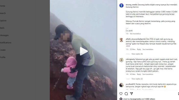 Video yang memperlihatkan seorang balita berjalan di jalur menuju puncak Gunung Kerinci, sembari dipapah oleh sang ayah dari belakang, beredar viral di media sosial.