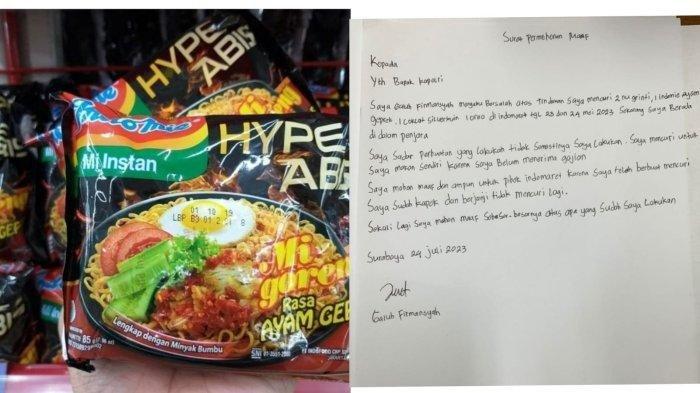 Surat permohonan maaf Galuh Firmansyah (26) seorang penjaga kios aksesori ponsel yang dibui karena mencuri sebungkus Indomie Ayam Geprek di Indomaret Jalan Jalan Gunung Anyar, Surabaya, Jawa Timur pada akhir Mei 2023 lalu.
