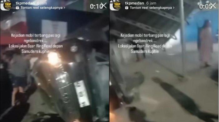 Viral di media sosial sebuah mobil menabrak kanopi rumah toko (Ruko) lalu menyeruduk gerobak pedagang bandrek di Jalan Gagak Hitam Ringroad LK 5 Kelurahan Sunggal, Kecamatan Medan Sunggal, Rabu (24/7/2024).