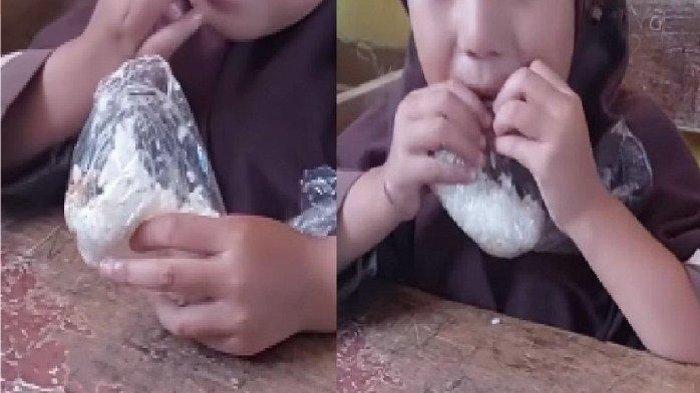 Viral di media sosial siswa SD membawa bekal dalam bungkusan plastik.
