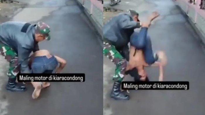 Viral maling motor disuruh jungkir balik oleh TNI setelah kepergok beraksi di Jalan Mekar Sari, RT 04/RW 13, Babakan Sari, Kiaracondong, Kota Bandung.