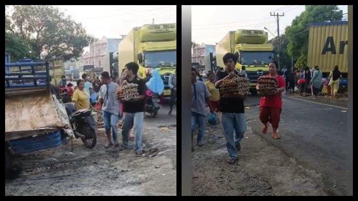 WARGA JARAH TELUR - Warga berebut memunguti telur yang tercecer di jalan setelah kecelakaan mobil pick-up beredar viral di media sosial. Peristiwa tersebut terjadi di Desa Aek Batu, Kecamatan Torgamba, Kabupaten Labuhanbatu Selatan (Labusel), Sumatera Utara, pada Minggu (2/3/2025) pagi.
